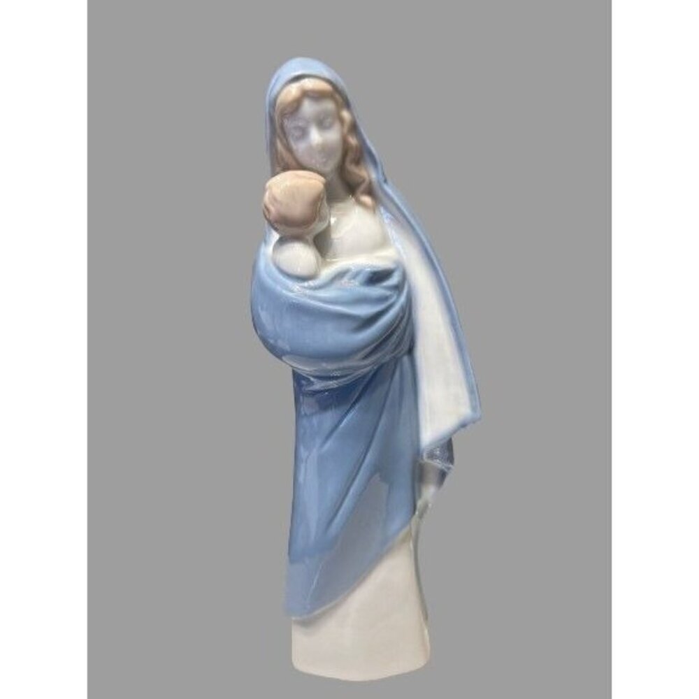 Vtg Porcelain Sculpture Madonna Mary Child Jesus Statue Glazed Blue White - 8"